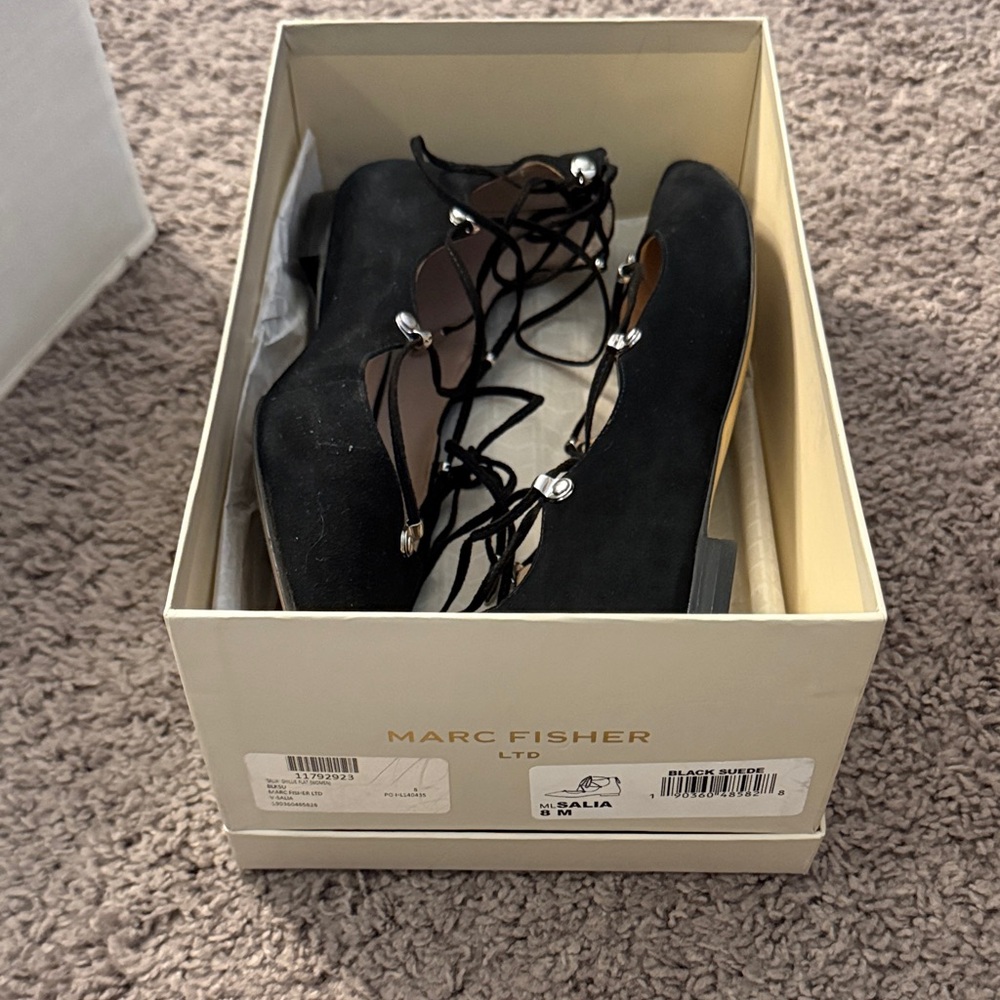 Marc Fisher Black Suede Lace-Up Flats with Metallic Accents